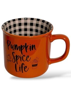Autumn Pumpkin Spice Mug Harvest Orange Gingham Plaid Check Novelty Quote